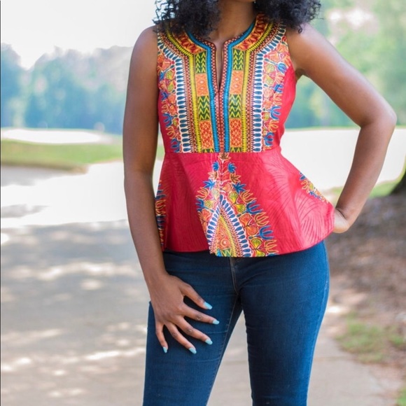 Red Dashiki Peplum Blouse - Picture 1 of 3